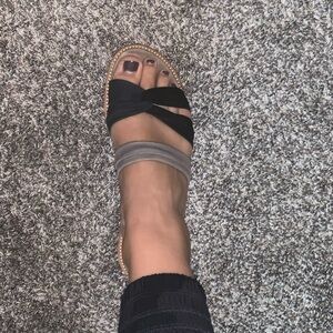 Camper Cork Wedge Black Gray Leather Multi-Strap Leather Slip on Sandals 7.5